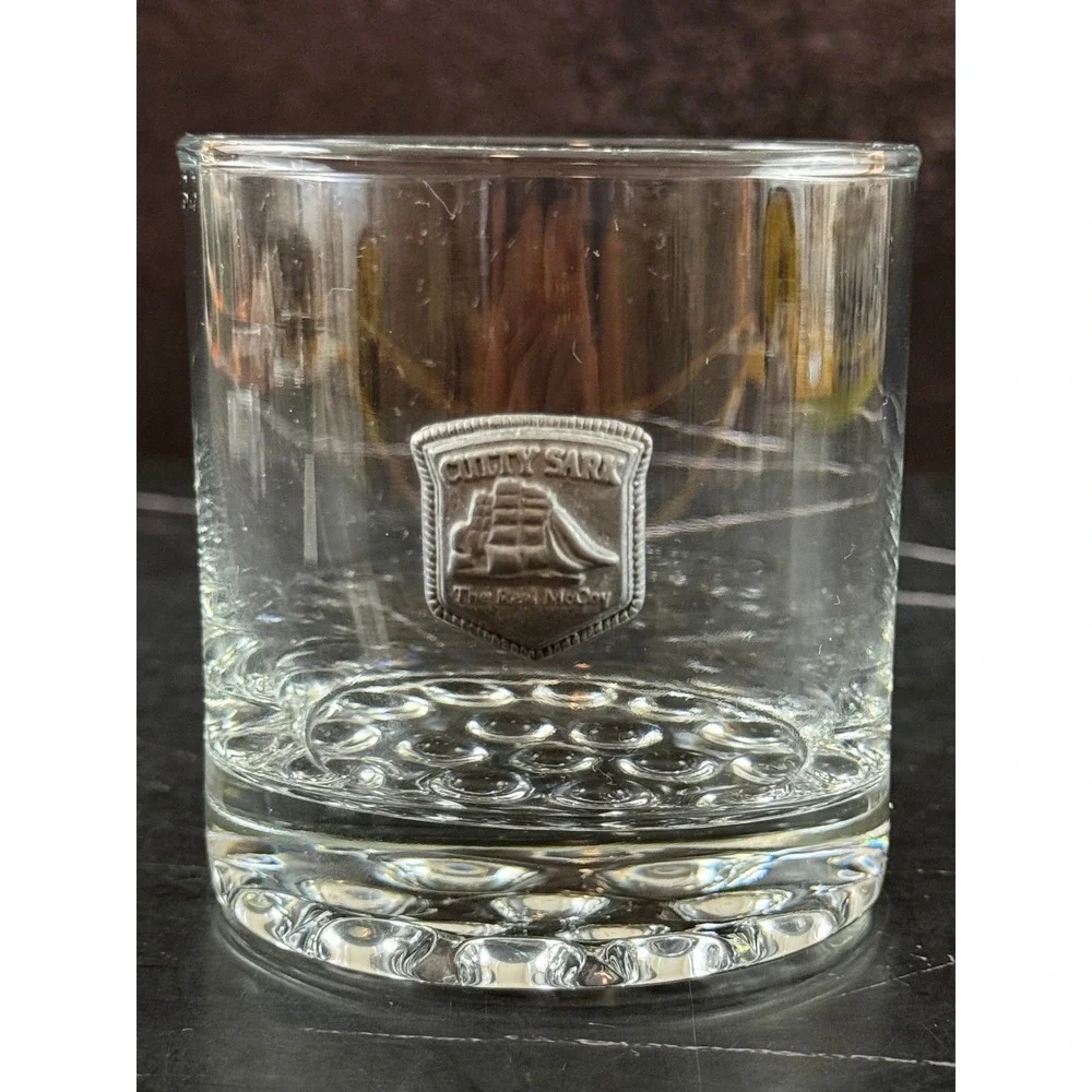 VTG Cutty Sark Whiskey Rocks Lowball Pewter Emblem Glass 3 3/8in Tall MINT!
